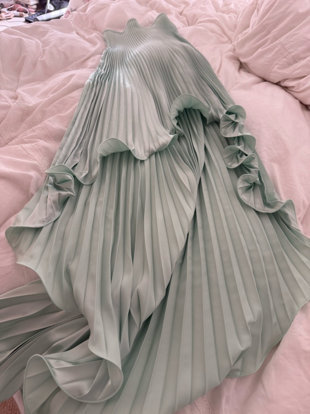 Strapless Pleated High-Low Dress in Mint Green - Picture 3 of 3